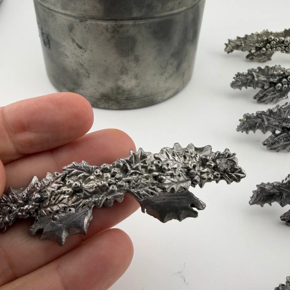 Metzke Vintage Pewter Napkin Rings Set 6 Holly Berry Christmas 1990 USA